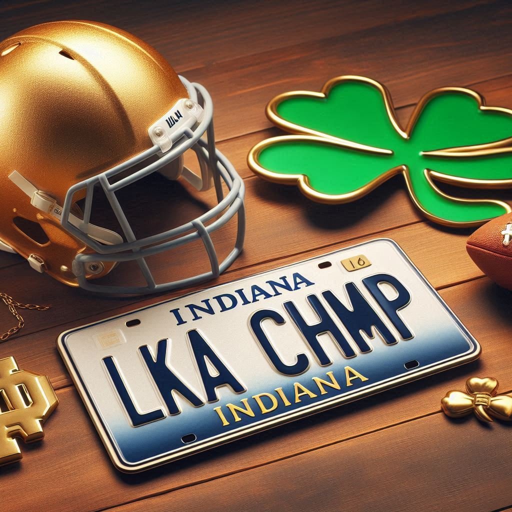 A generated image of an Indiana license plate for Notre Dame fans that reads "LKA CHMP" with a football and a helmet