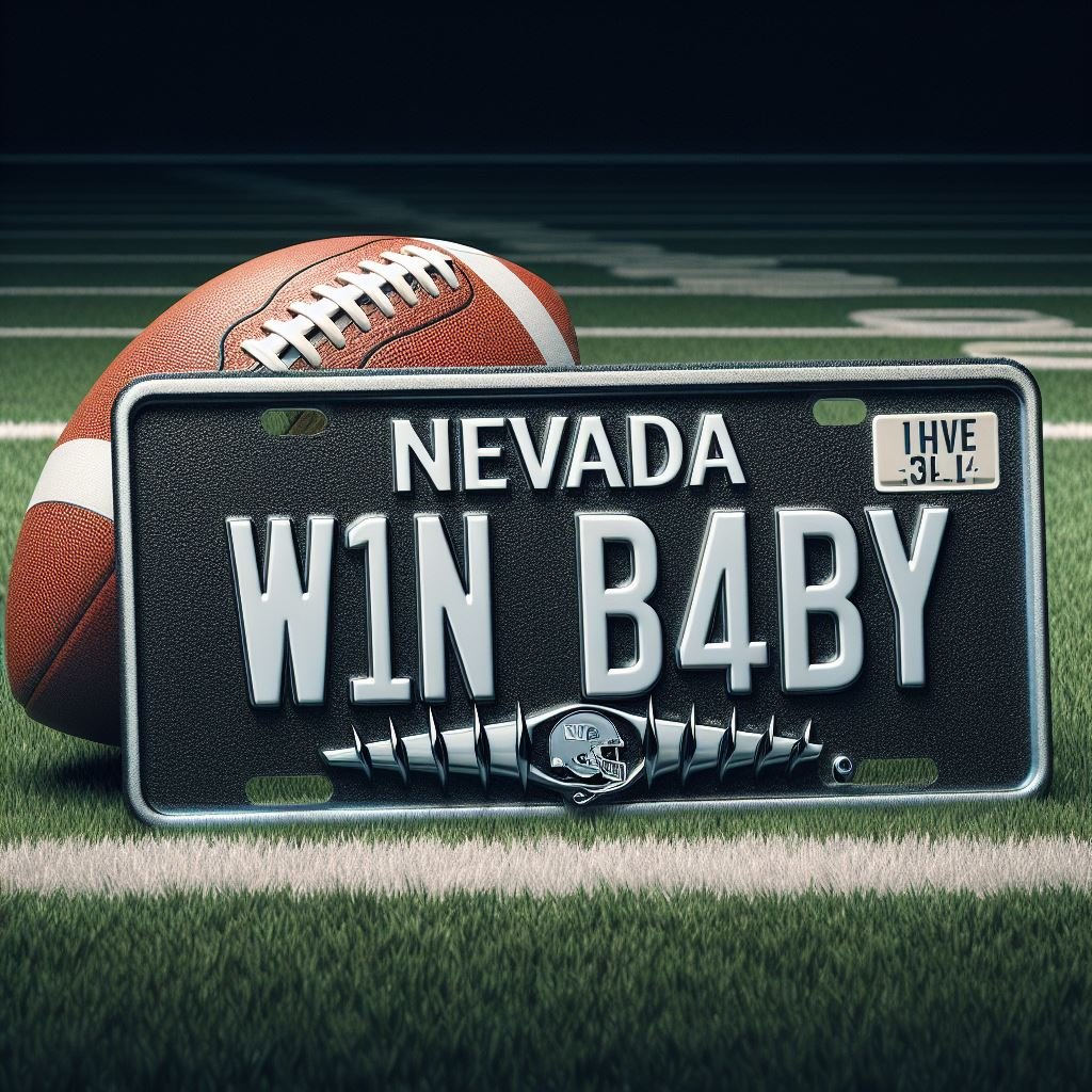 A generated image of a black and silver Nevada license plate that reads "W1N B4BY" for Raiders fans and a football