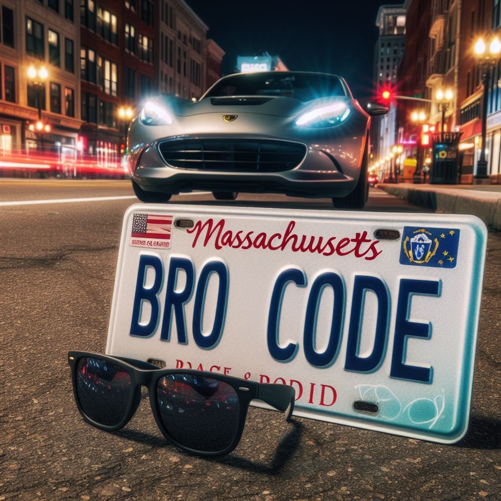 A generated image of a Massachusetts front license plate for guys that reads "BRO CODE" with sunglasses in the foreground and a car in the background