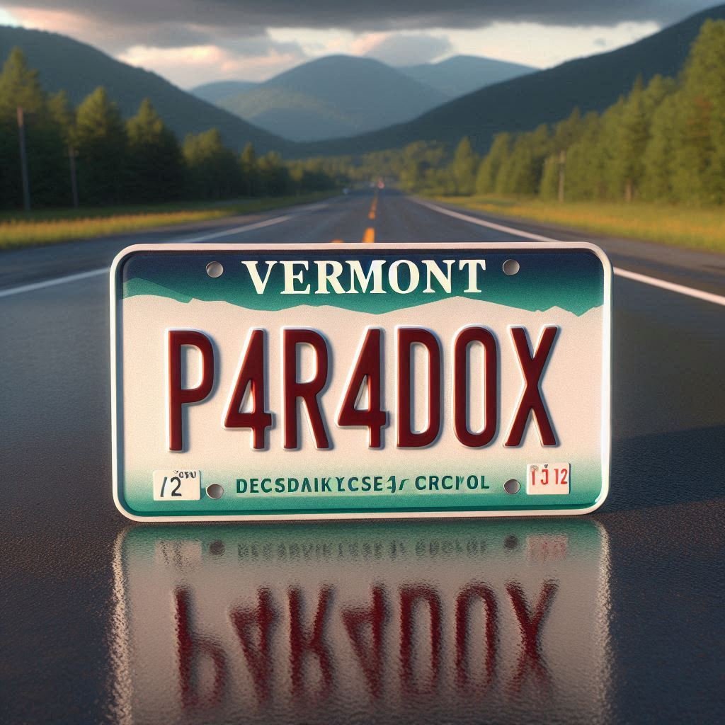 A generated image of a unique Vermont license plate that reads "P4R4DOX"