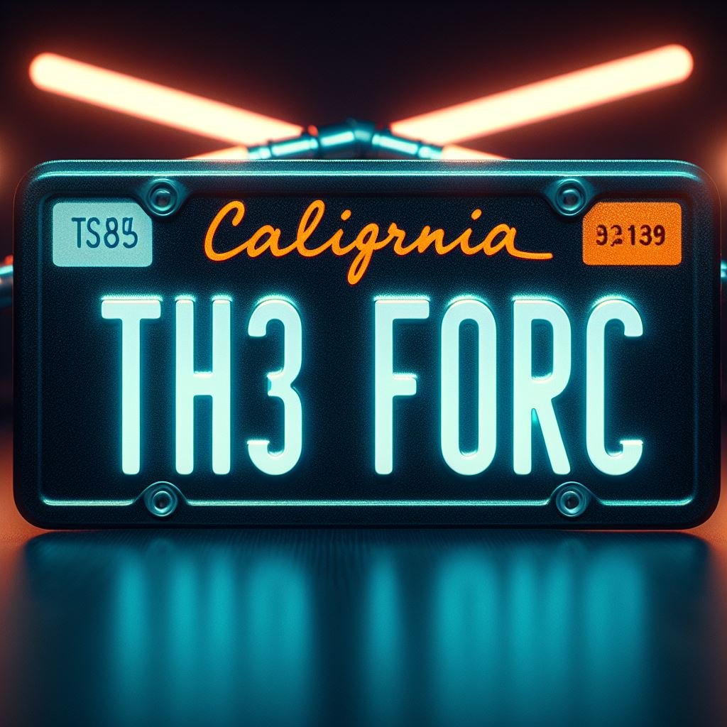 A generated image of a black and white California license plate for Star Wars fans that reads "TH3 FORC" with orange lasers in the background