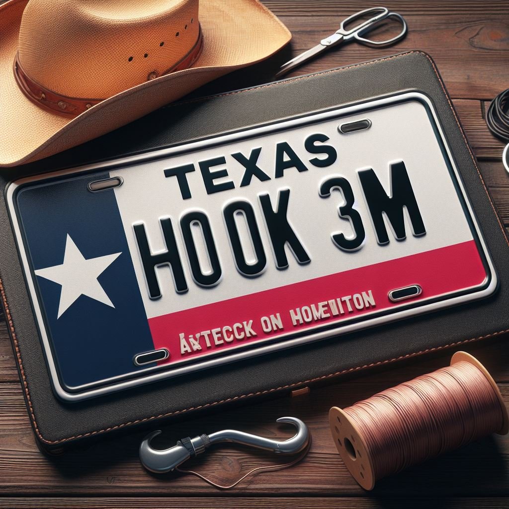 A generated image of a red, white and blue Texas license plate that reads "HOOK 3M" with a cowboy hat