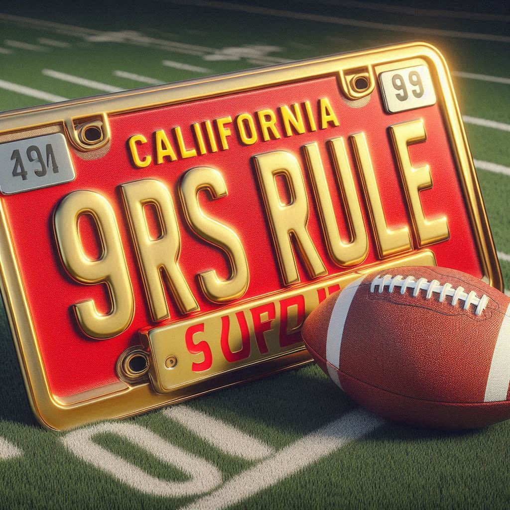 A generated image of a red and gold California license plate for 49ers fans that reads "9RS RULE" and a football