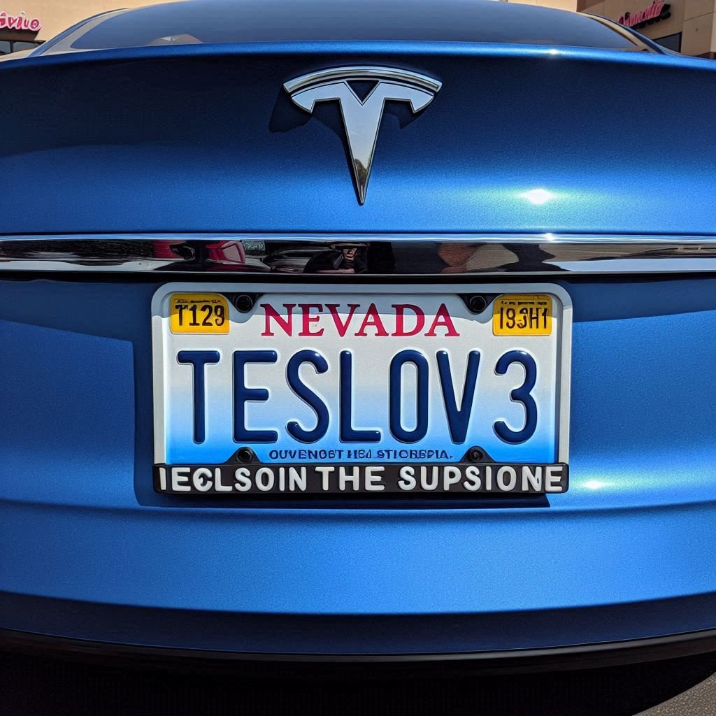 A Nevada license plate that reads "TESLOV3" on a generated image of a blue Tesla car